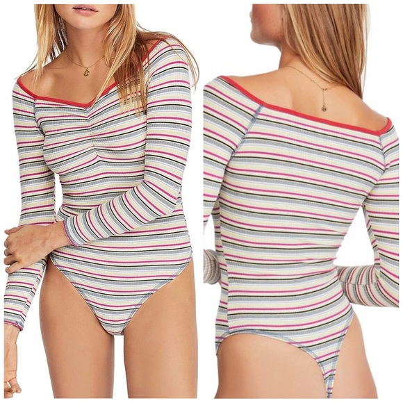 Free People Tops - NWT Large Free People Put A Stripe On It Thong Bodysuit Vneck Long Sleeves